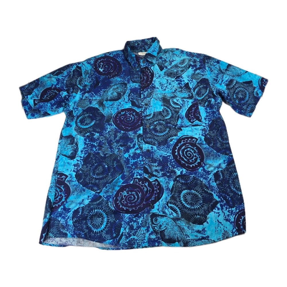 Gottex‎ Large Blue Hawaiian Fish Shell Print Short Sleeve Button Up Shirt Animal